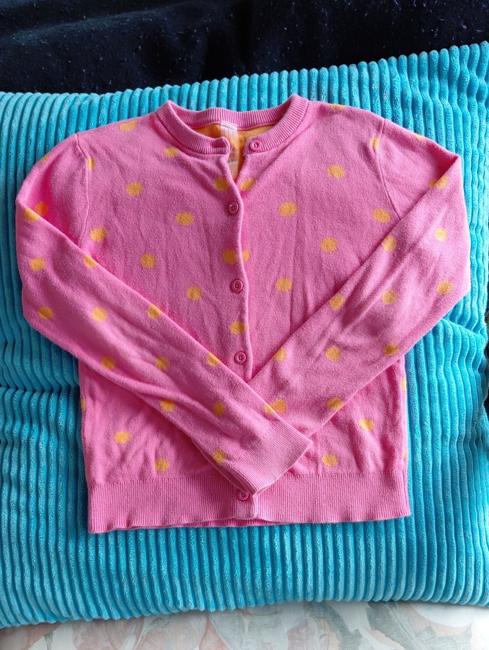 Primary Pink Cardigan with Orange Polka Dots